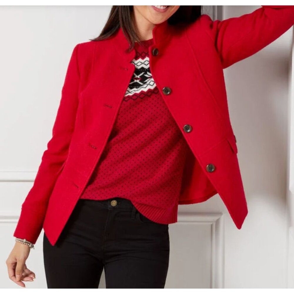 Women's Talbots Plus Mid Length Boucle Wool Blend Coat Jacket Sz 14W Bright Red